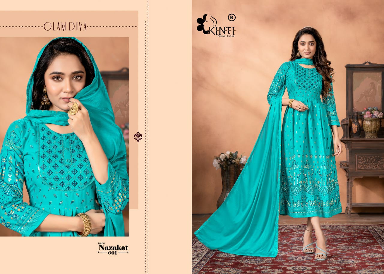 Kinti Nazakat 6 Rayon Embroidery Ethnic Wear Printed Kurti With Dupatta Collection